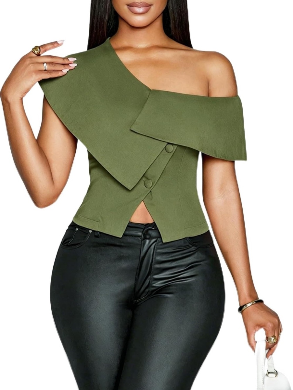 One-Shoulder Olive Green Asymmetric Blouse